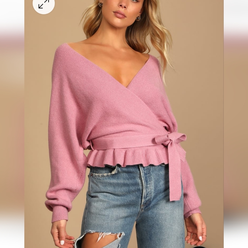 Lulus Rose Pink Knit Faux-Wrap Sweater size medium